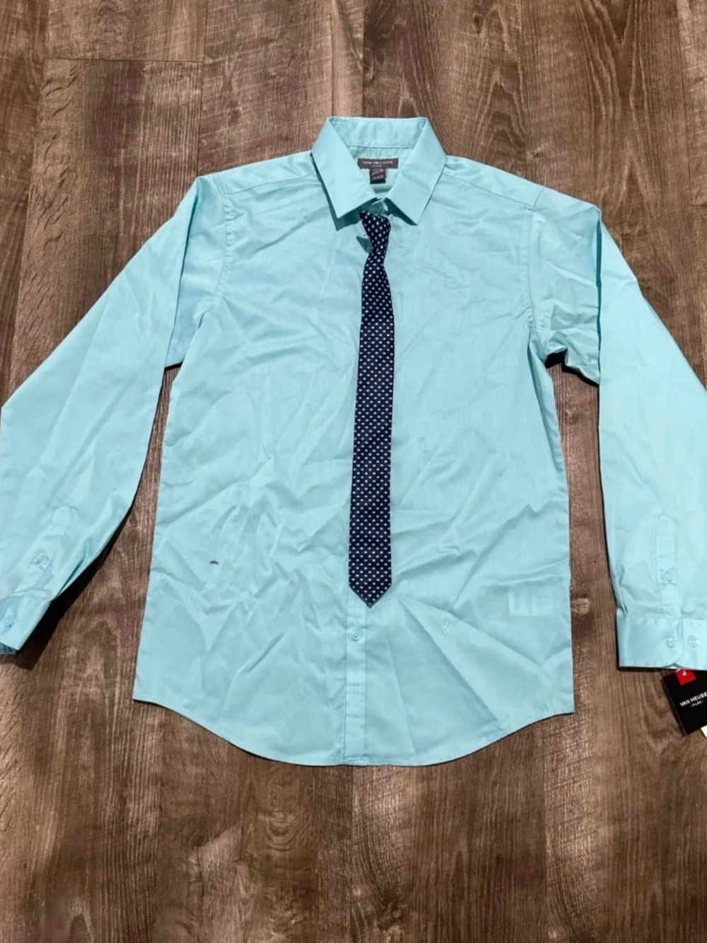 Van Heusen Dress Shirt and Clip Tie Set aqua/ light blue Boys size Large 14-16.